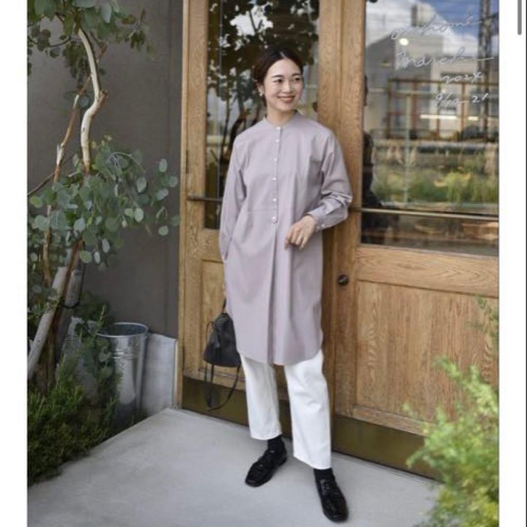 OURHOME シワになりにくい胸元切り替えロングシャツ グレイッシュ