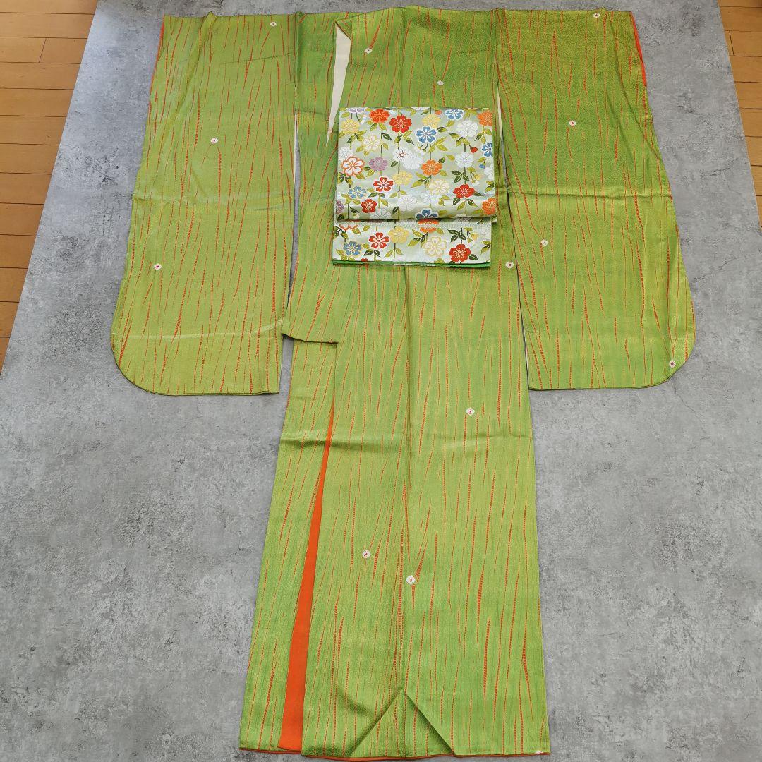 お花畑】レアなグリーン カラフルお花畑な 贅沢 唐織 袋帯