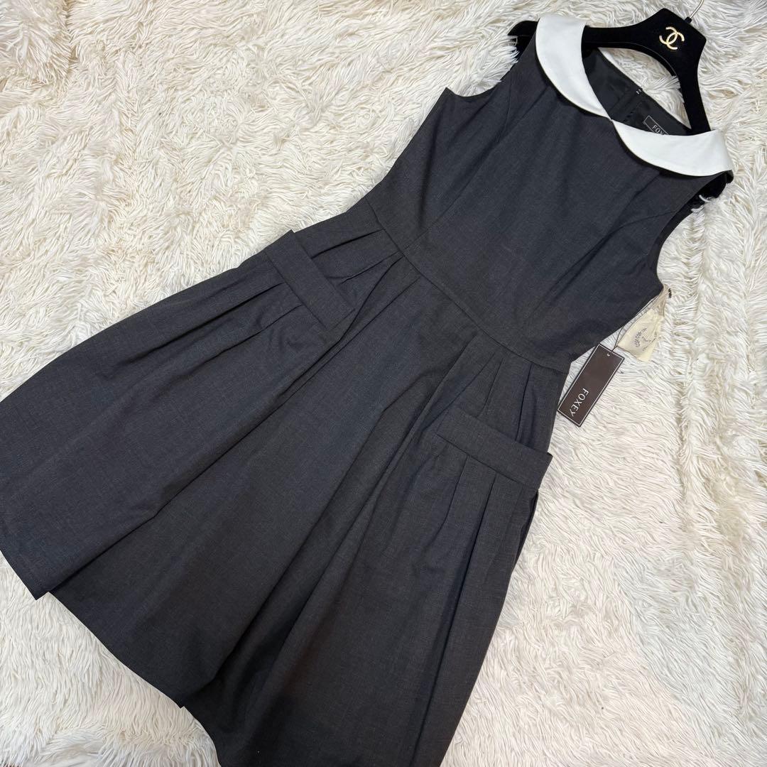 名品王道　FOXEY フォクシー　ミラネーゼ　丸襟ワンピース　40 FOXEY BOUTIQUE(フォクシー) Precieuse 白襟ウールワンピース 42284
