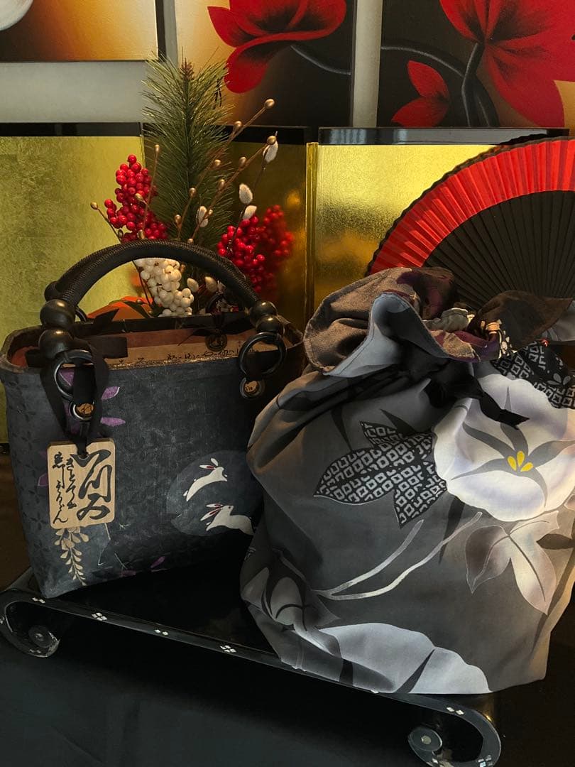 一閑張り 一閑張りバッグ 籠バッグ 和紙 花絵柄 着物 兎 京友禅 藤