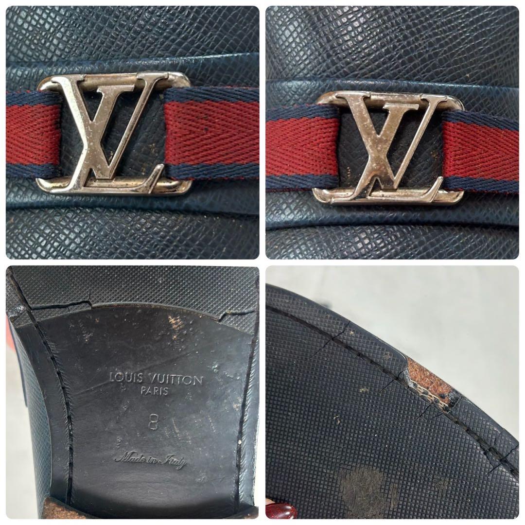 K640 27.0cm ルイヴィトン ロゴ金具 ローファー ネイビー メンズ