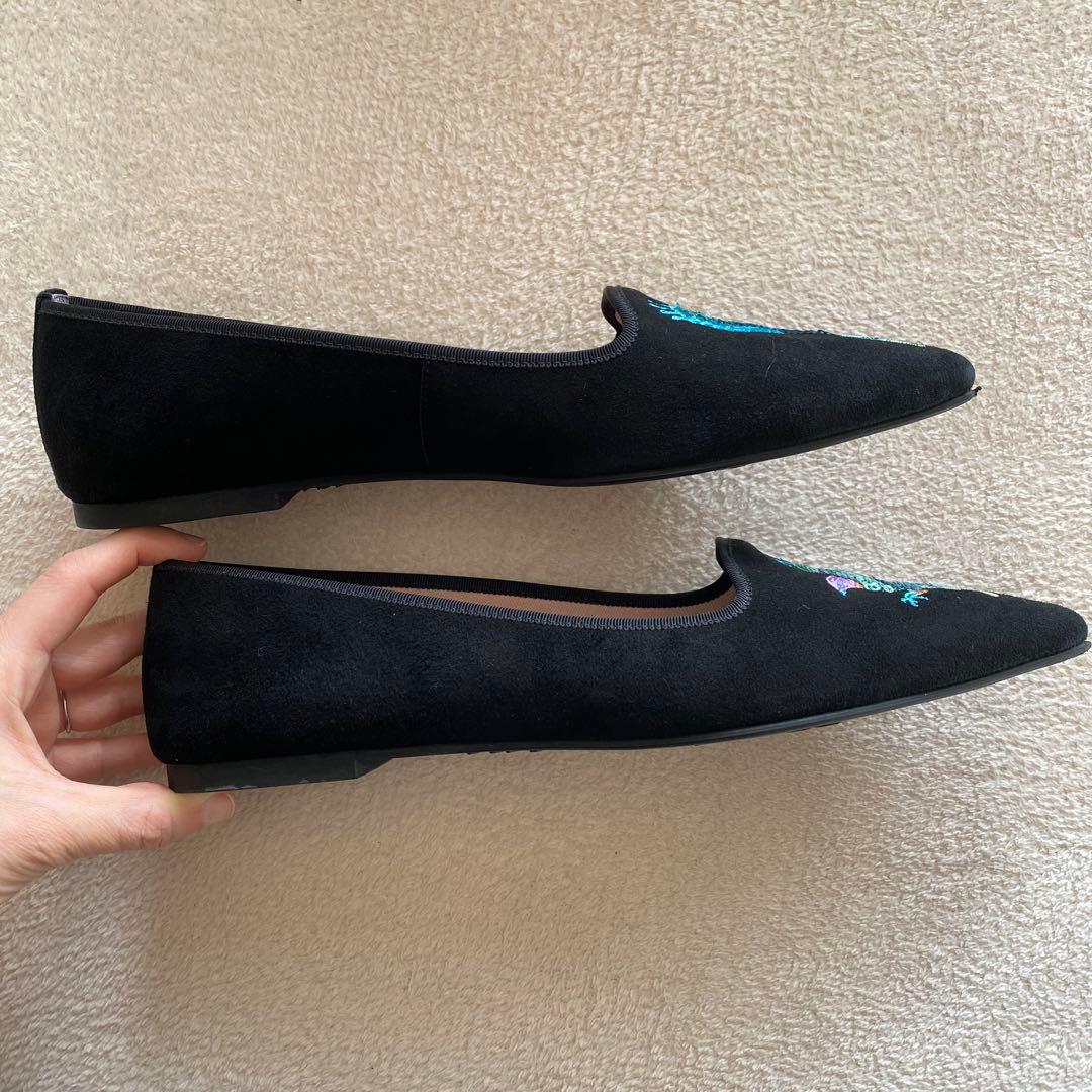 プリティバレリーナ 鳥刺繍 ブラック スエード フラットシューズ 希少 25cm
