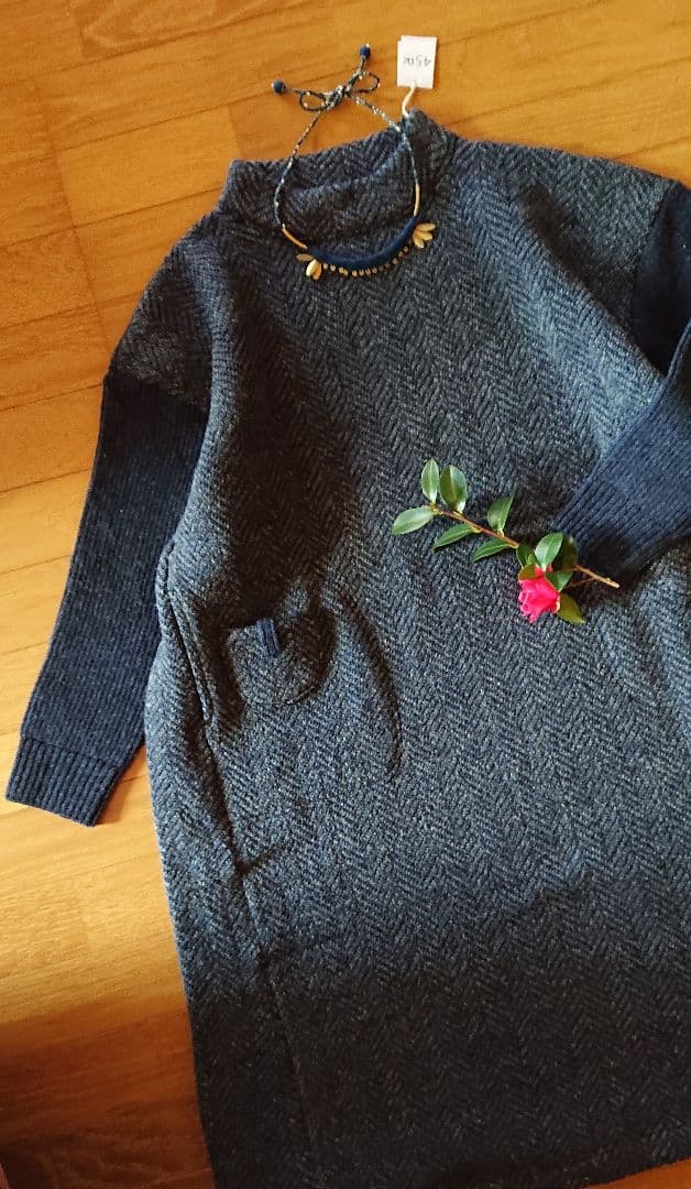 45R☆シェットランドニットツイードのドレス/ネイビー♪ 結婚式 母親ドレス ダークネイビーレース・マザーズドレス 長袖 MD0408