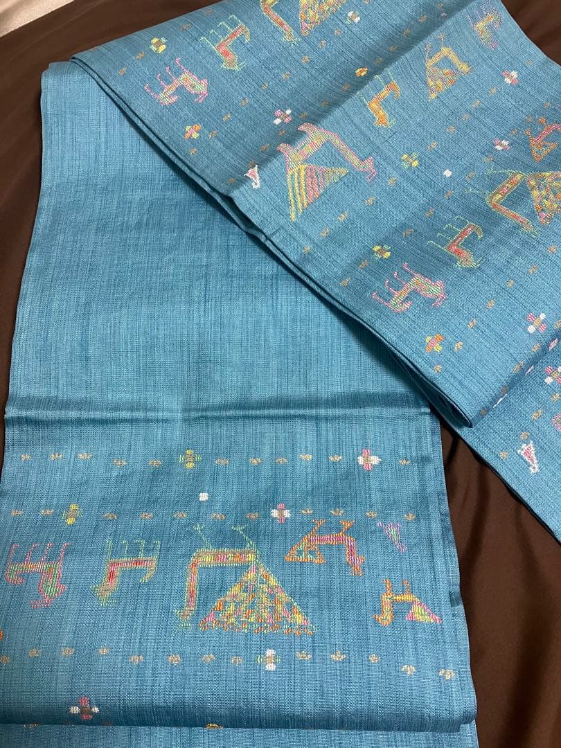 正絹 洒落袋帯 西陣織 異国情緒の可愛らしい動物文様／キリム調 青