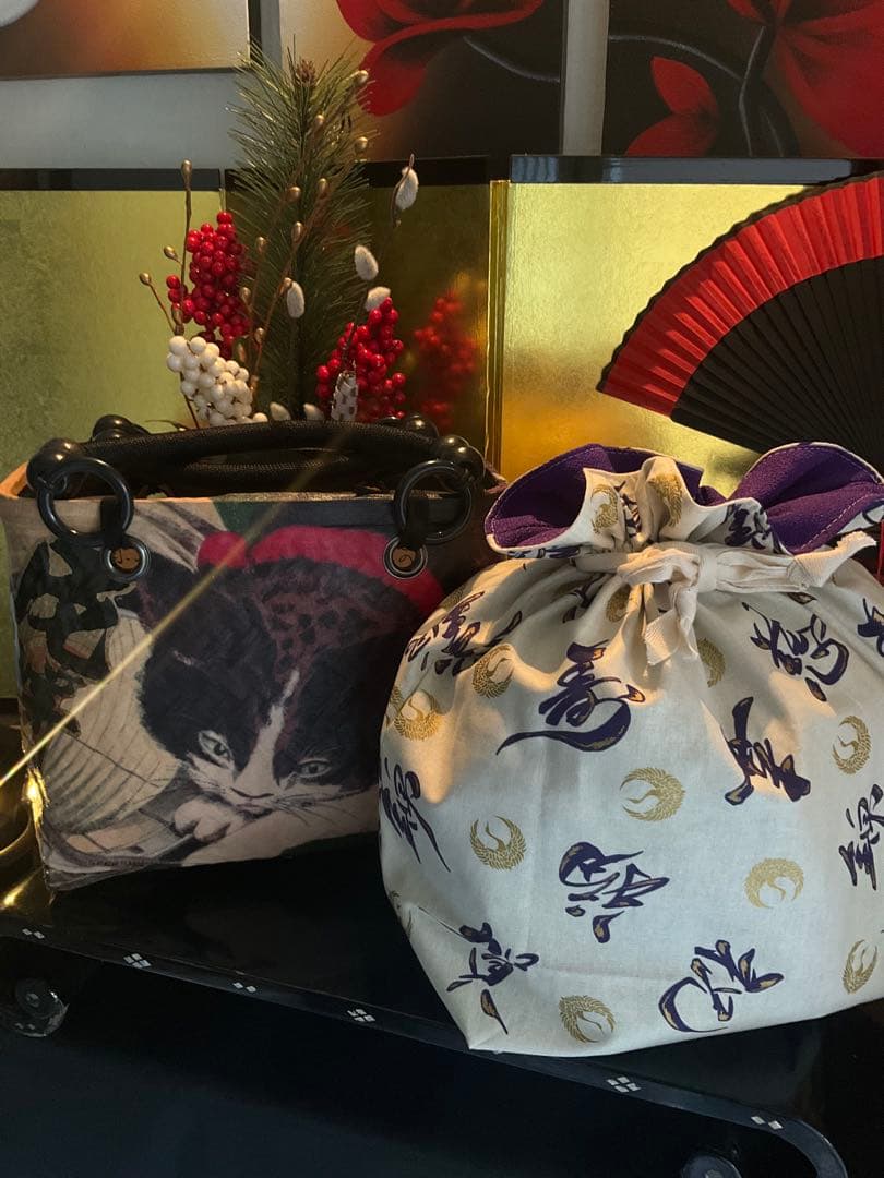 一閑張り 一閑張りバッグ 古文書 和紙 大正 着物 竹籠 小林清親 猫と