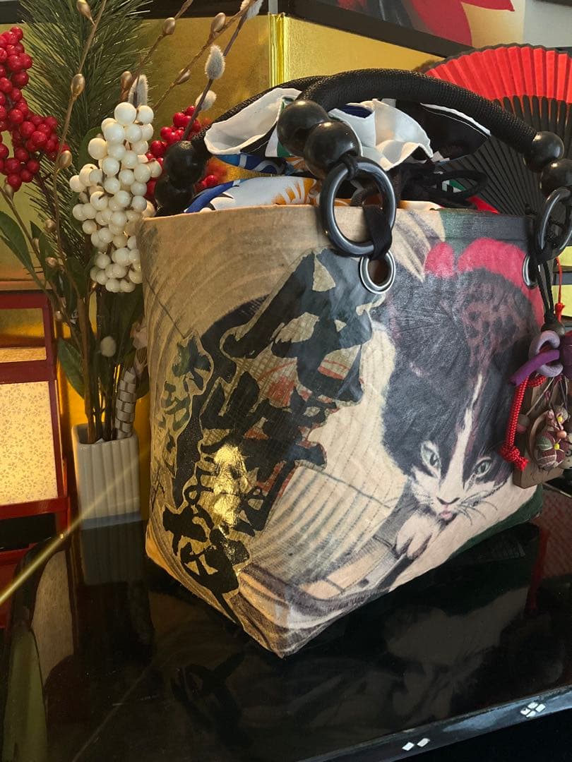 一閑張り 一閑張りバッグ 古文書 和紙 大正 着物 竹籠 小林清親 猫と