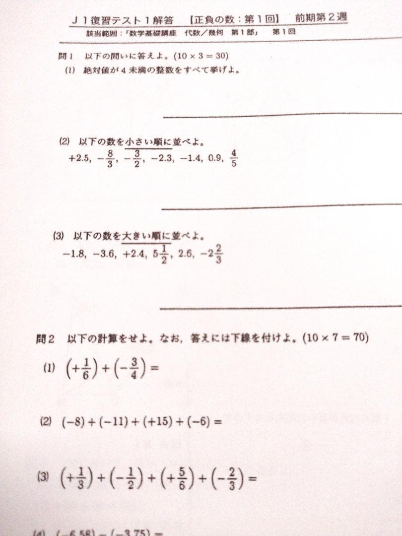 鉄緑会による中1数学(J1)復習テストのフルセット 問題用紙と