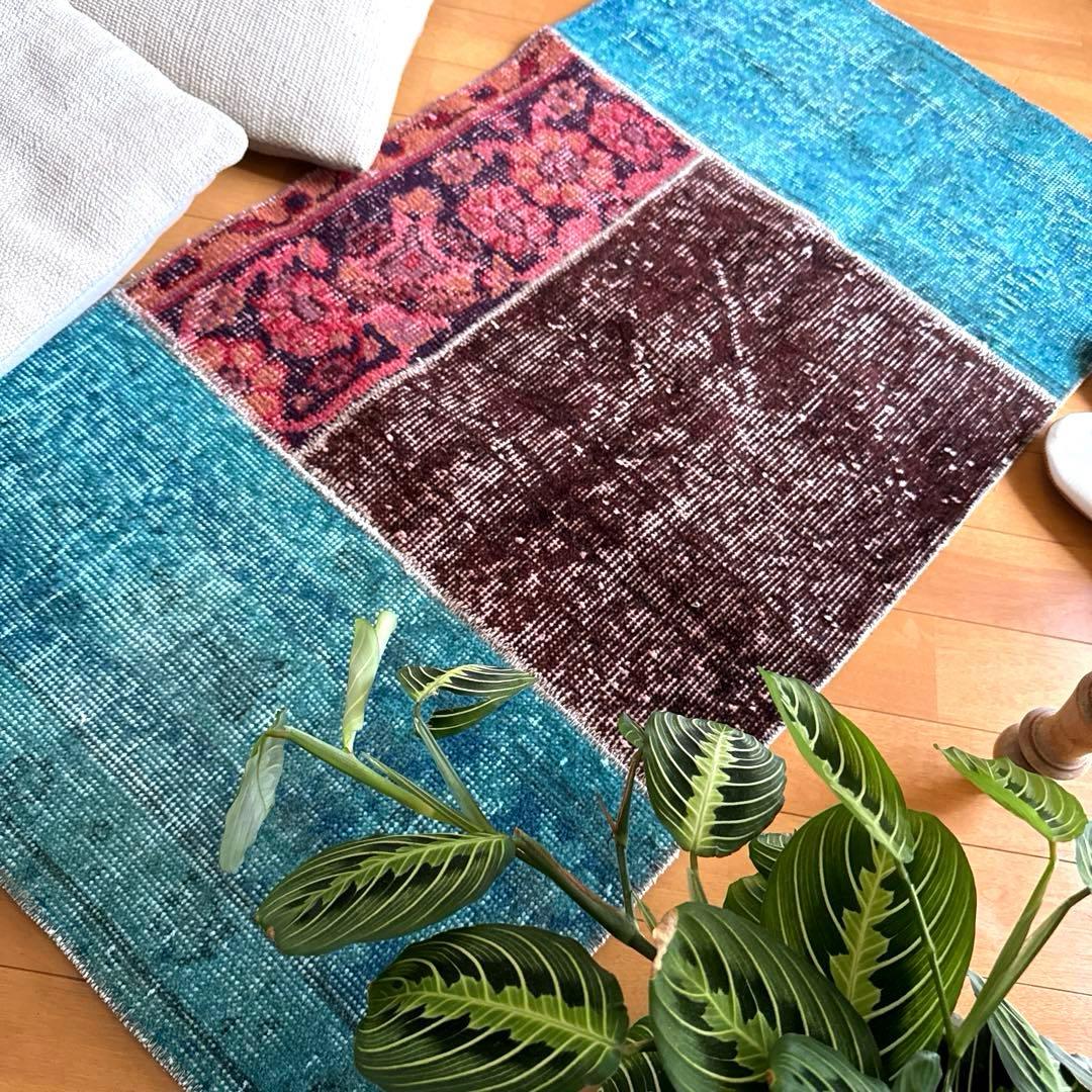 55×103 神秘的ブルー×ブラウン×ボタニカル トルコヴィンテージラグ