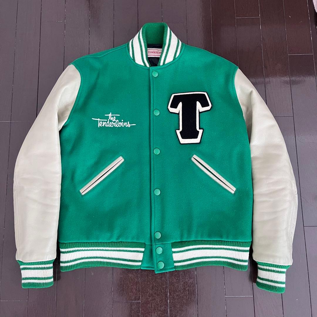 テンダーロイン スタジャン ベースボールジャケット グリーン 袖レザー サイズL スタジャン ジャケット コート ビッグスポーツレディーズ ブルゾン