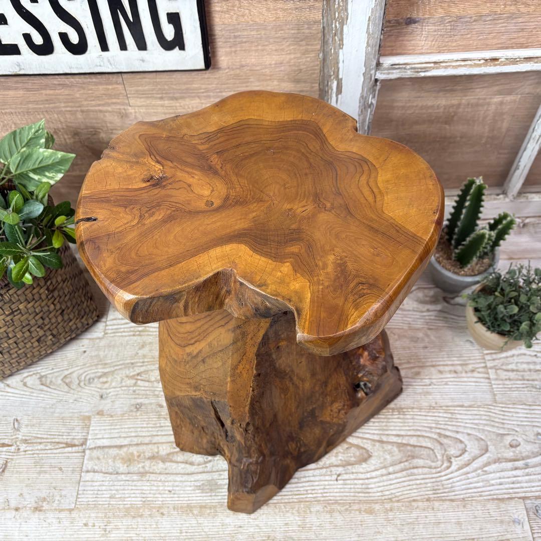 オールドチーク天然無垢材極太丸太花台木製飾り台サイドテーブル置台