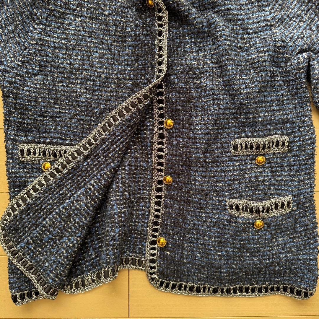 ルルウィルビー 金ボタン ツイード ニット ノーカラー ジャケット