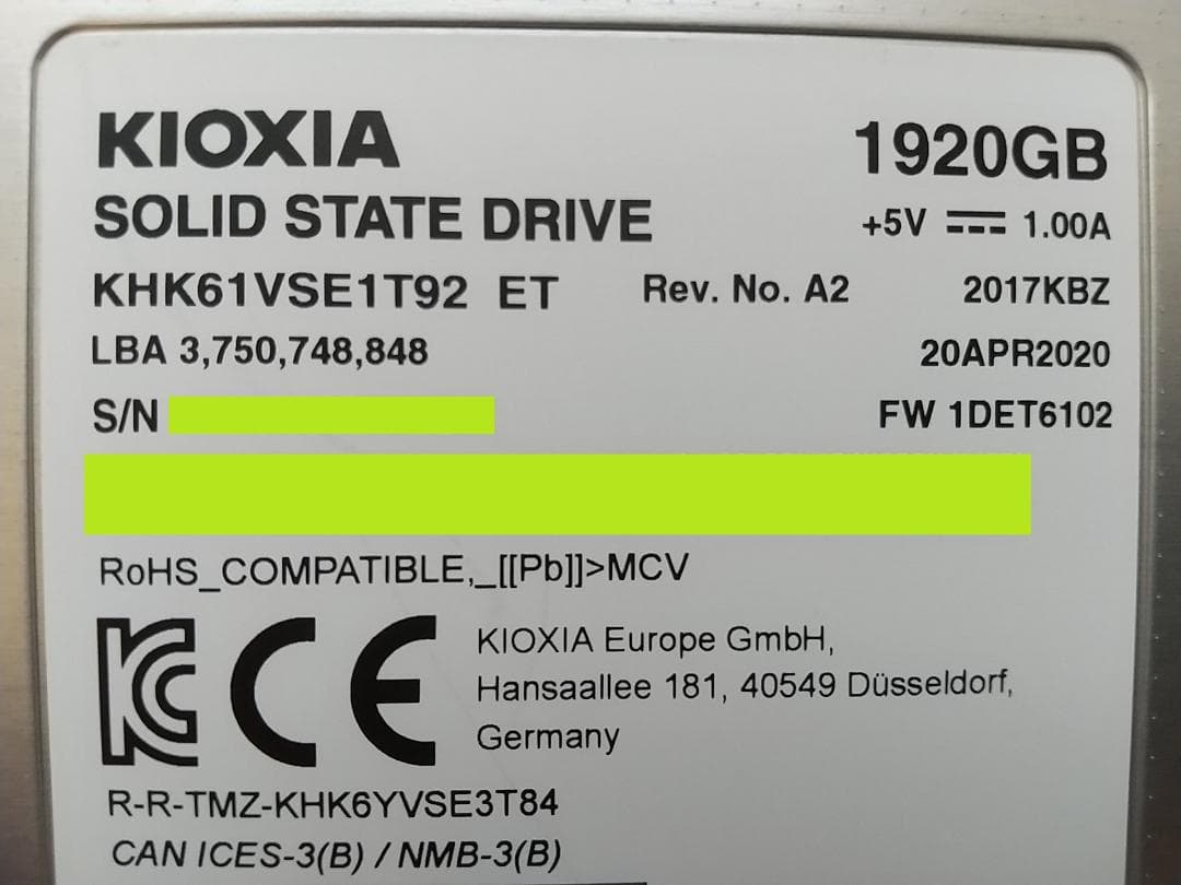 SSD 2TB(1920GB) 2.5 SATA 東芝 使用:17時間 25回