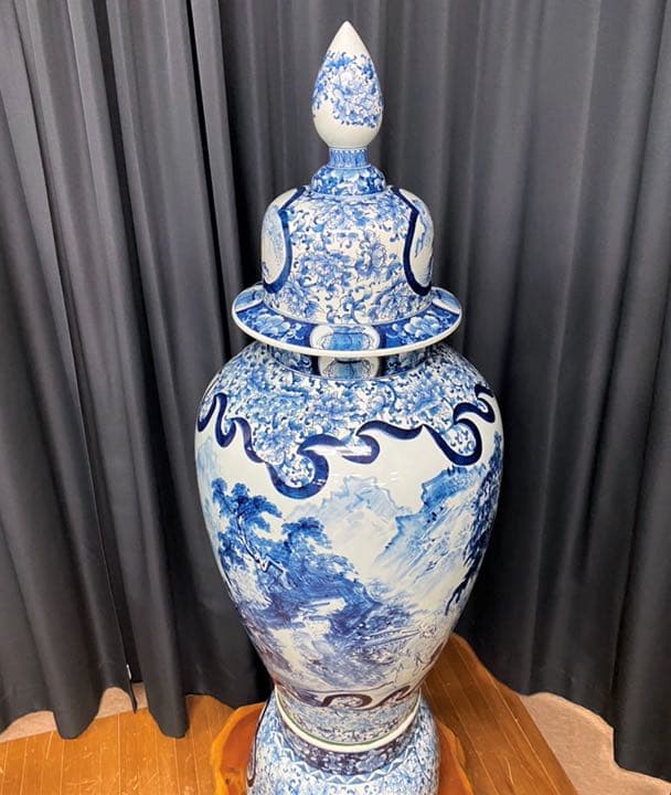 有田焼 金龍窯 沈香壷 染付山水絵飾壺 大型花瓶 特大壺