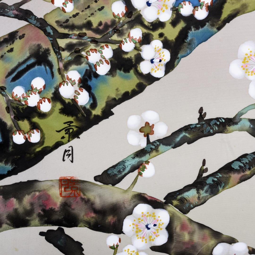 F10 肉筆水彩 日本画 梅とメジロ 高級木製額縁付属 外寸約713×638mm