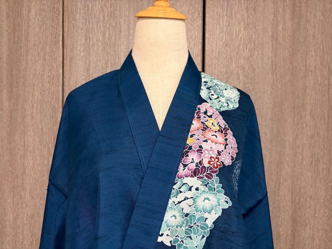 着物リメイク 訪問着紬地 草花文 から作務衣 長身の方でも