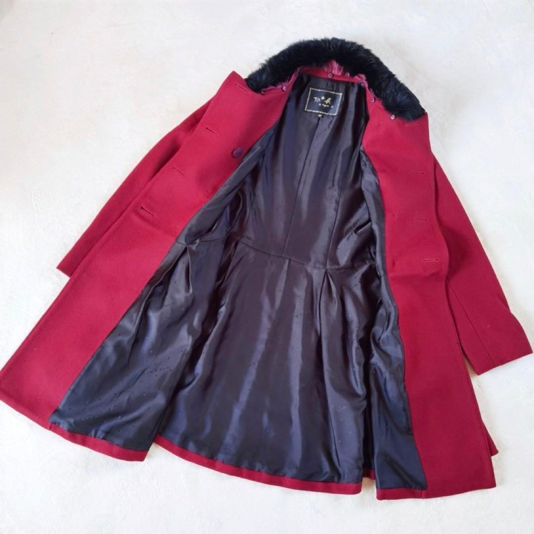 美品 アニエスベー ロングコート ギャザー Aライン ファー 総ロゴ 赤