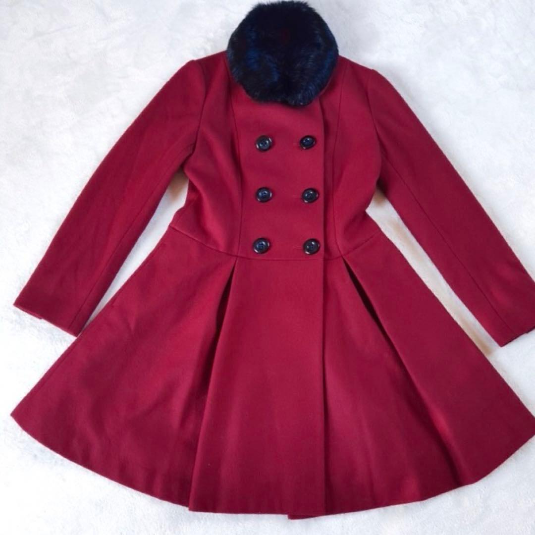 美品 アニエスベー ロングコート ギャザー Aライン ファー 総ロゴ 赤