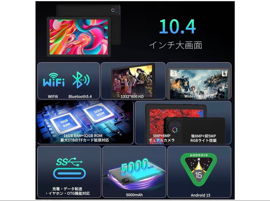 タブレット - HiGrace 10.4インチ Android15 Wi-Fi6 - メルカリ