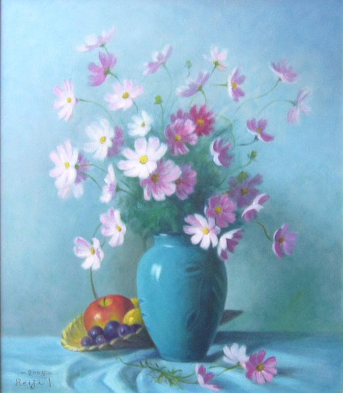 絵画 油絵 田澤禮次 肉筆油絵 静物画 花瓶とコスモス F10 - メルカリ
