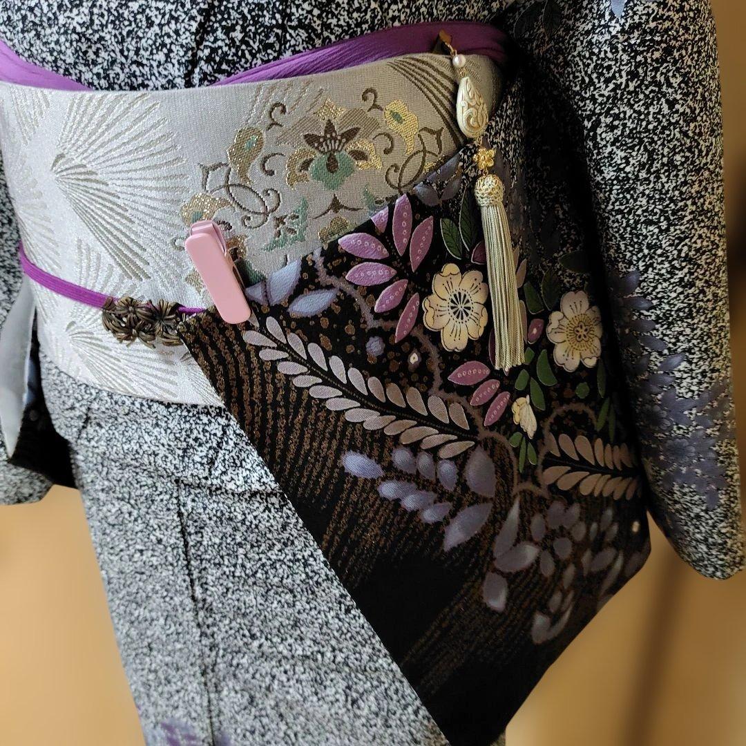 ポリエステル訪問着 洗える着物 黒地 たたき染め 辻が花模様 トール