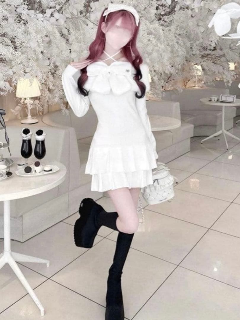 HONEYMEW ビッグリボンクロスオフショルワンピース ホワイト ハニー