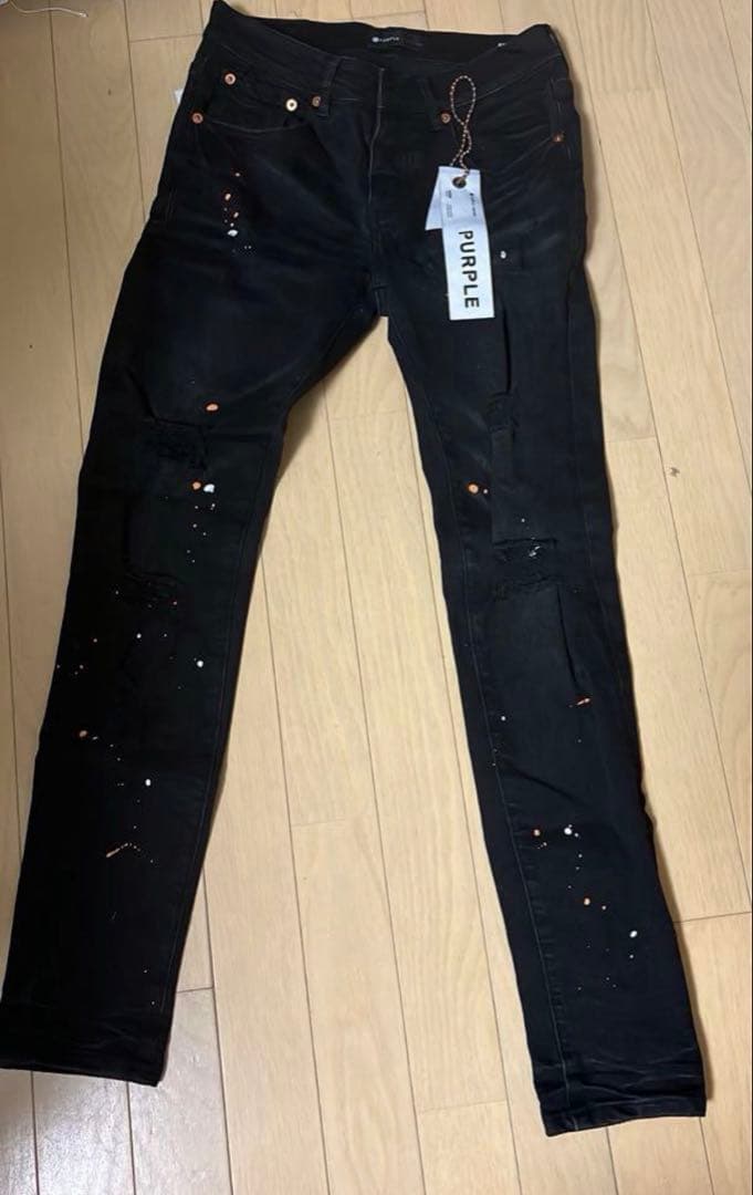 PURPLE ダメージ加工 ブラックデニムパンツ 28インチ