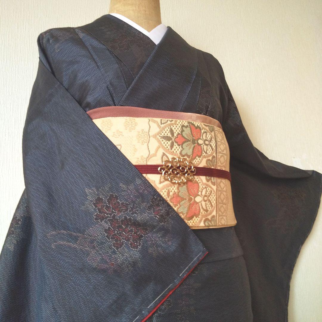 ent様専用・正絹・大島紬・紺系・地紋・花柄・袷・一部仕付け糸付き