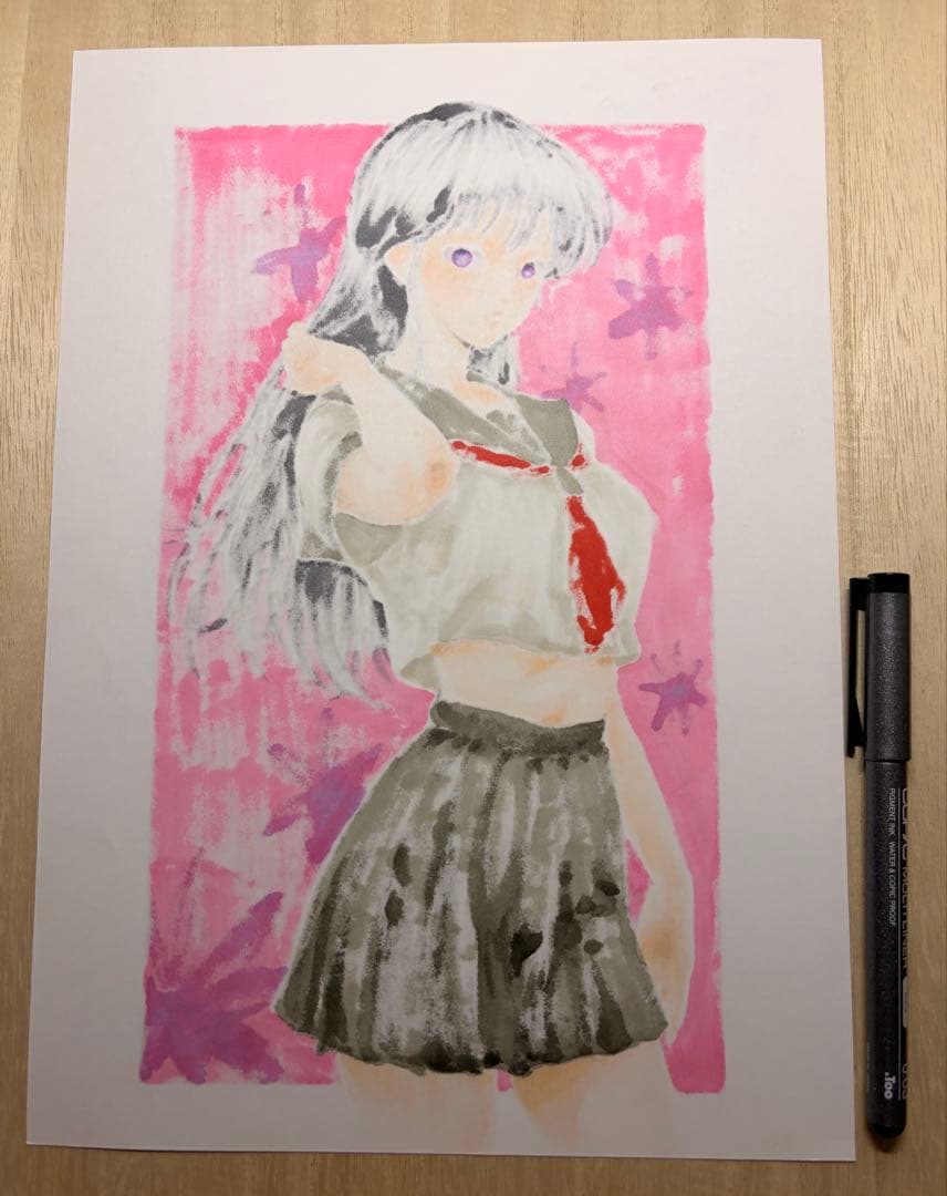 手描き イラスト アナログ セーラー服 少女 女の子 A4 サイズ - メルカリ