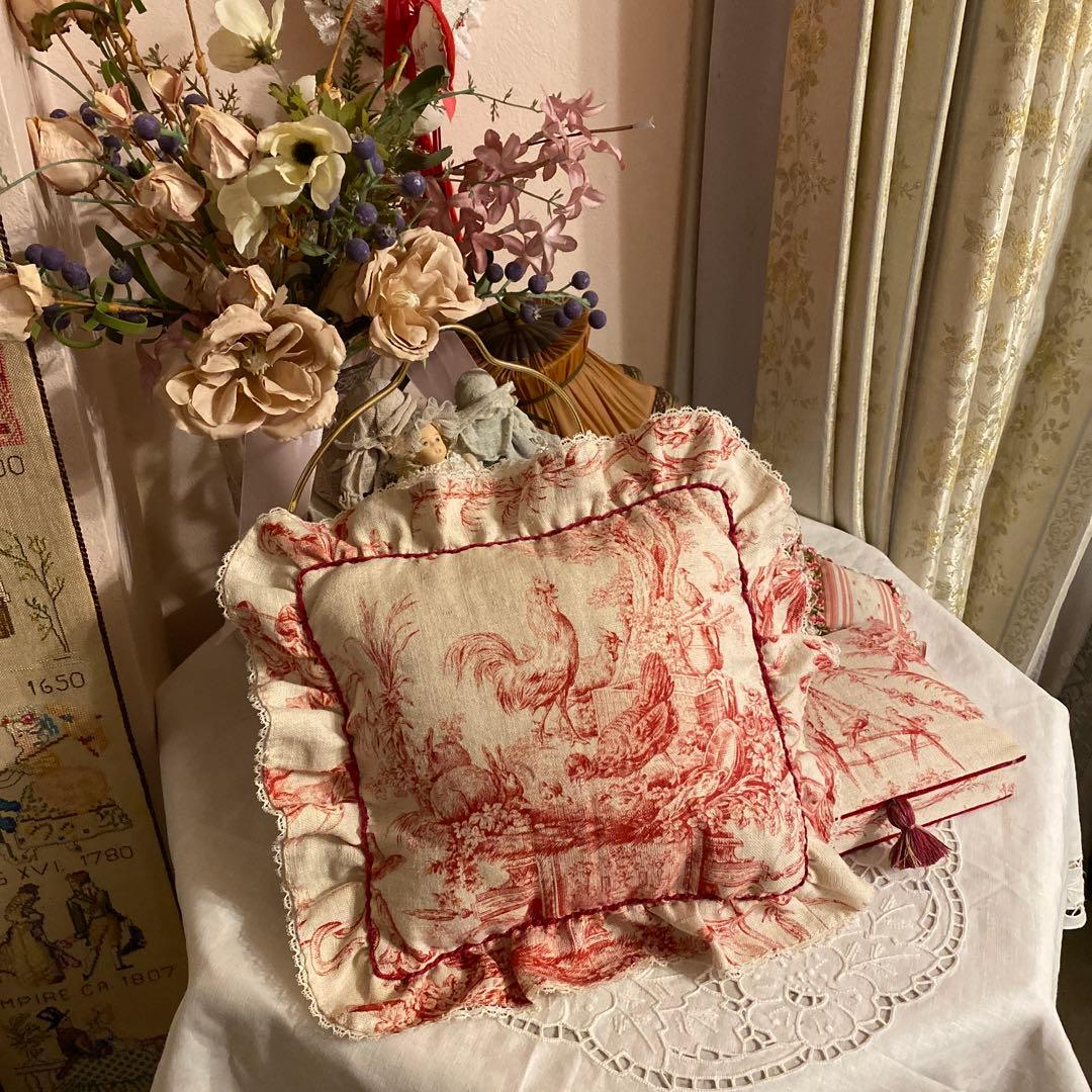 フランスアンティーク19世紀頃 トワルドジュイ ボルドーの赤色が素敵な