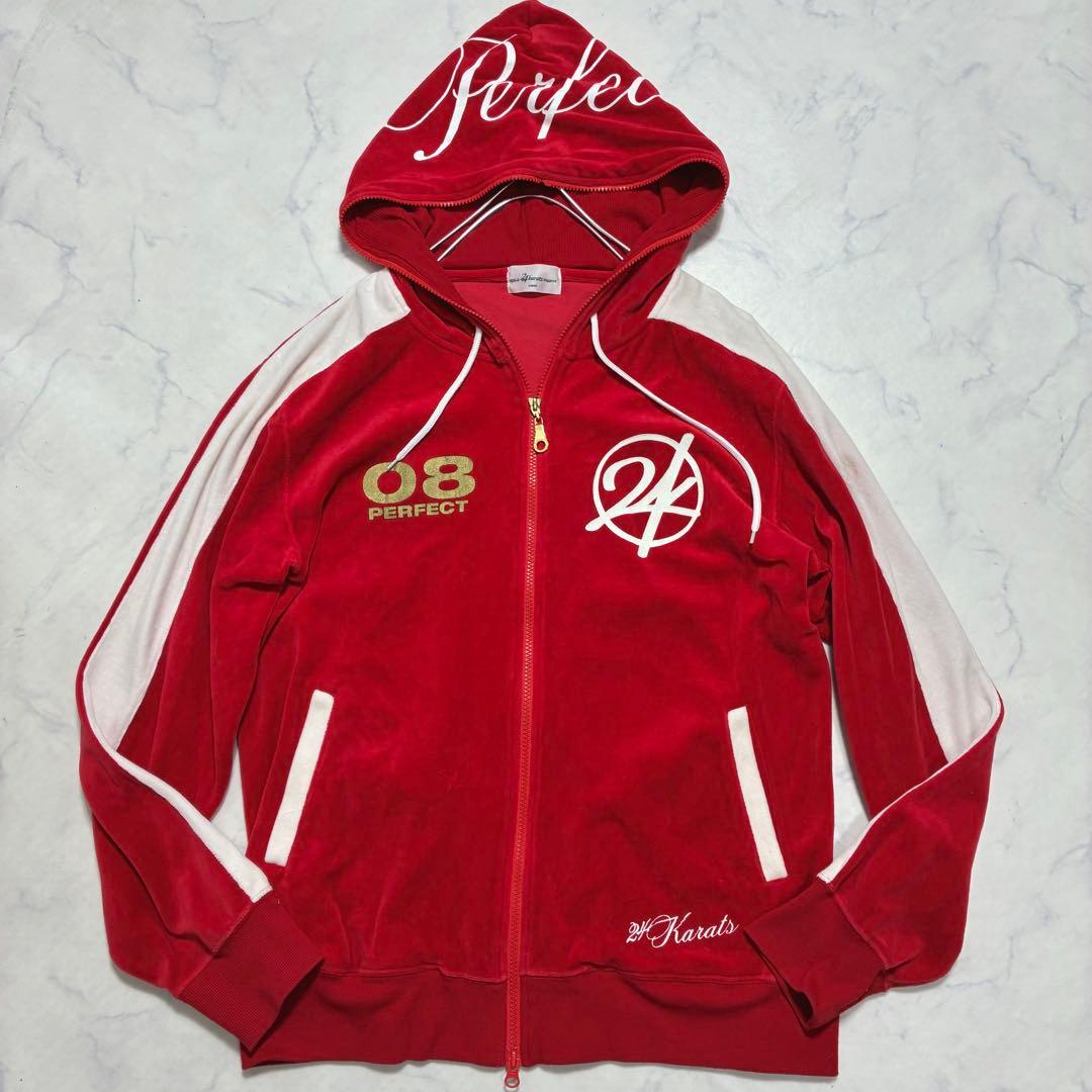 希少Lサイズ✨24カラッツ ベロア セットアップ デカロゴ ライン 赤