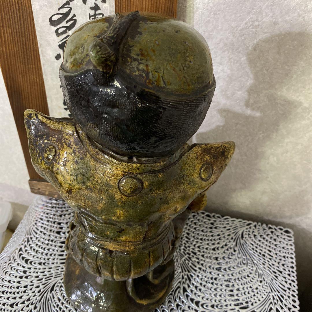 幻の湖東焼 お多福に福助おんぶ像 織部写し 美術館級！36㎝