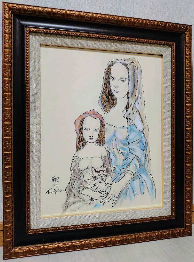 F6号】藤田嗣治【母子像】手描き作品/表裏サイン・鑑定書有り/油彩