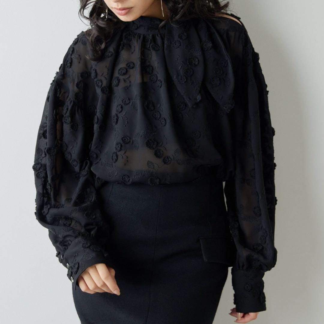 ウィムガゼット 刺繍ボウブラウス フラワー刺繍 ボウタイ 長袖ブラウス