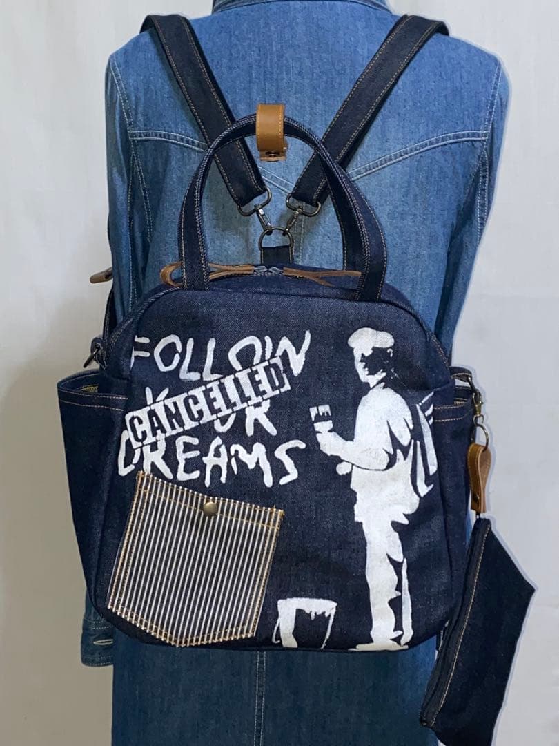 ☆岡山デニム☆ステンシル☆バンクシー4wayボストンバッグ - メルカリ