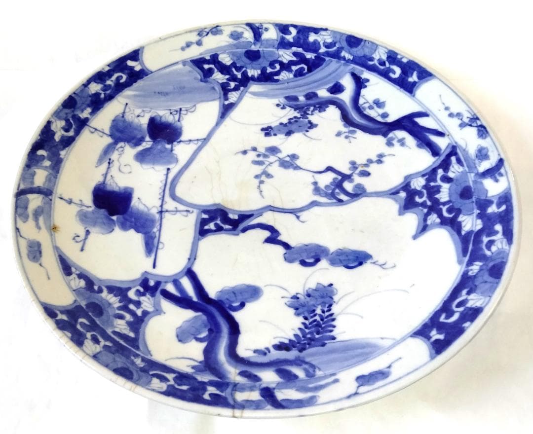 陶器 大皿 染付 柄三面 Aa-337 染付印判大皿 菊竹蝶紋様 金継 Antique Sam's Collection