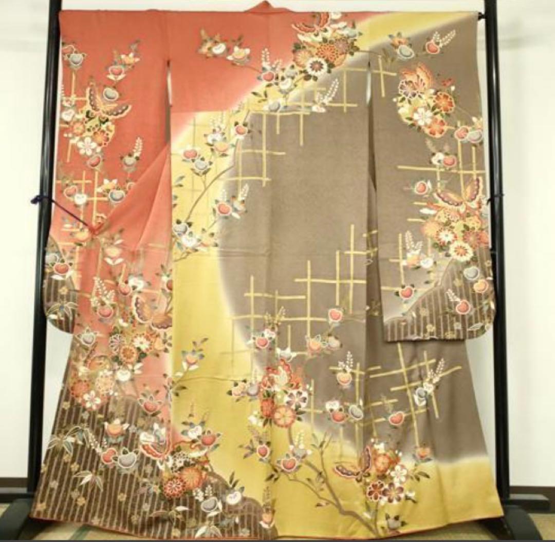 振袖フルセット6点サイズM〜L舞蝶花文 暈し染め