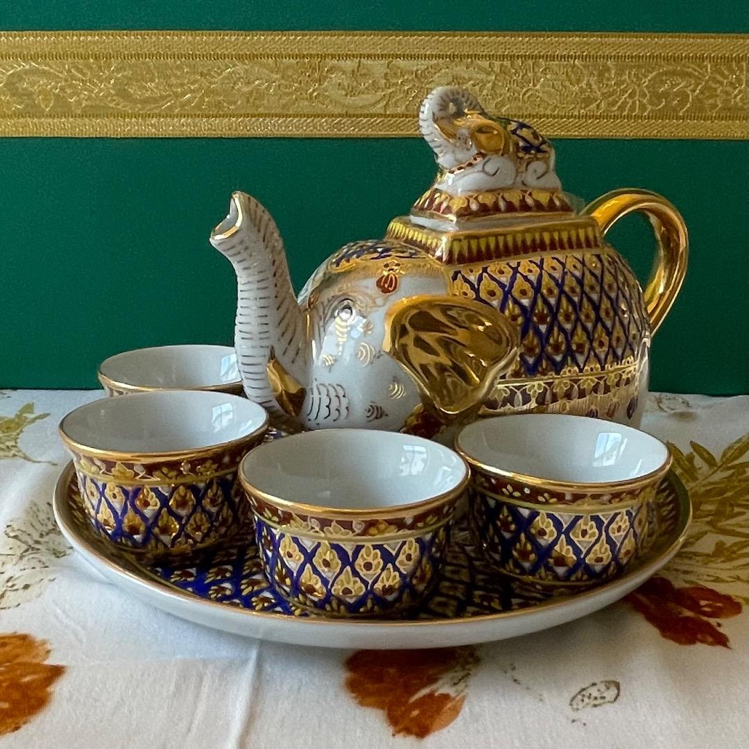 ベンジャロン焼き ティーセット 象ポット 小カップ5個 箱付き タイ雑貨