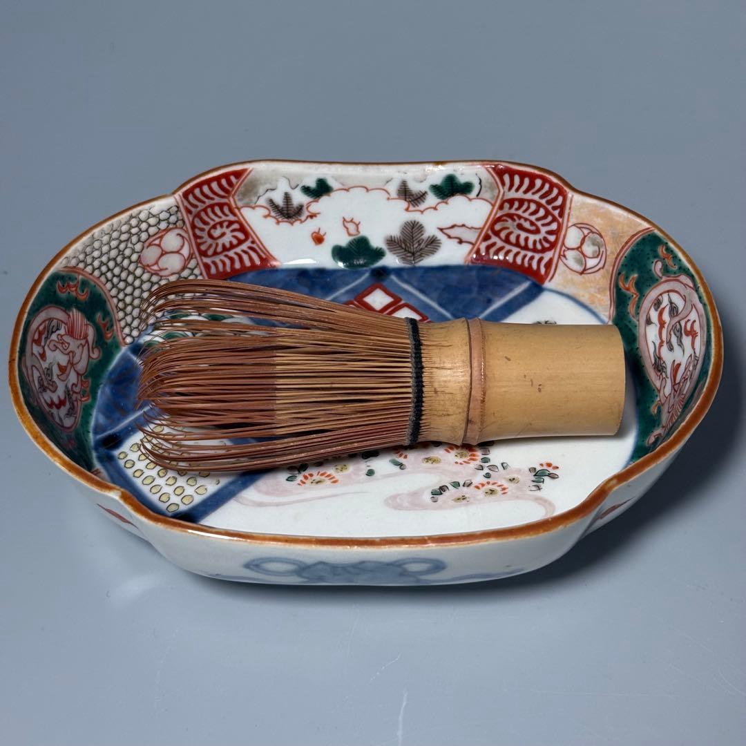 古伊万里 色絵幾何学文木瓜形皿 五客 裏文様有 巻物 宝珠 幕末〜明治期