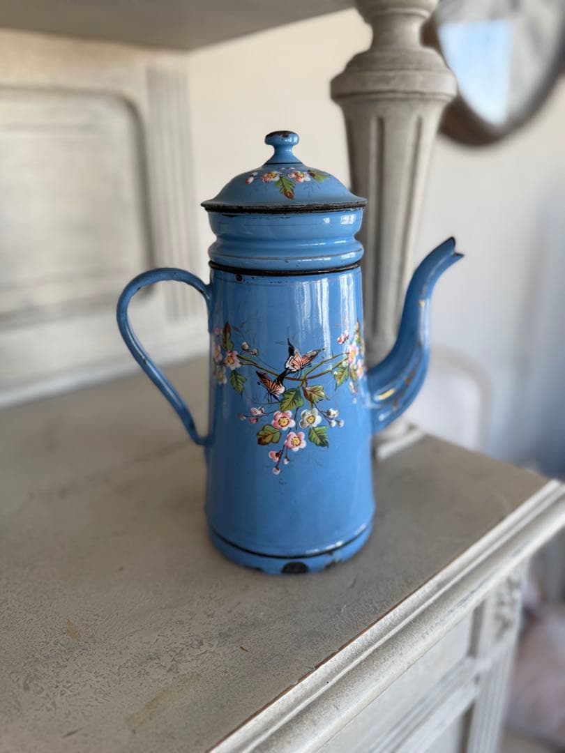 フランスアンティーク激レア！小花と小鳥のハンドペイントホーロー