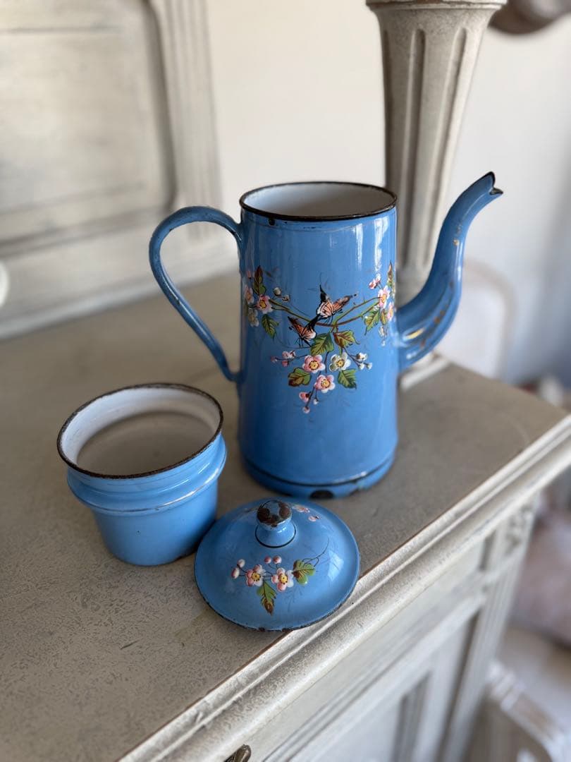 フランスアンティーク激レア！小花と小鳥のハンドペイントホーロー