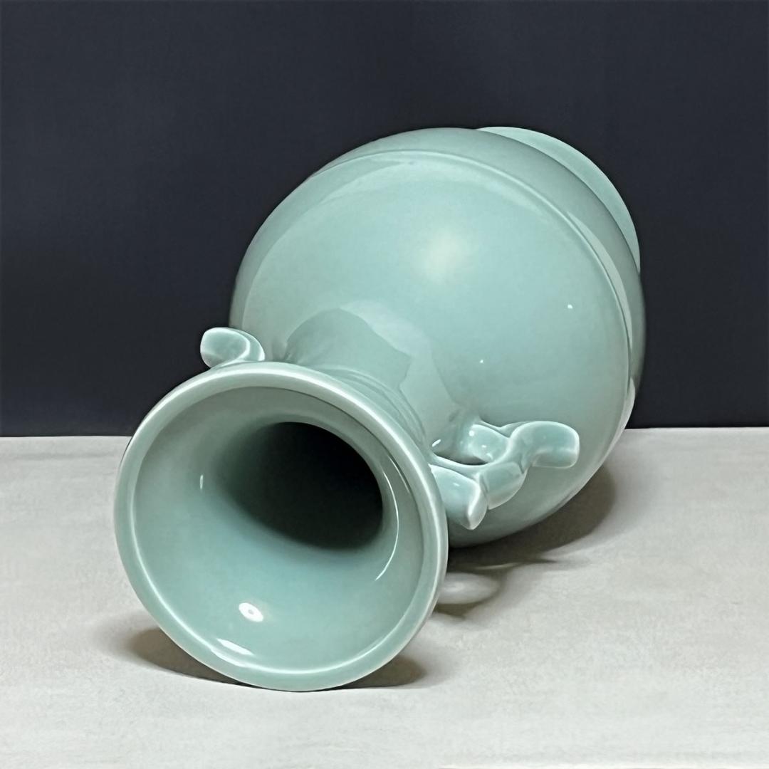 加藤渓山 砧青磁 耳付 花瓶 共箱 青磁 耳付花入 茶道具 【k3251