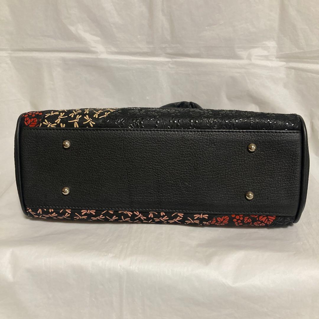 希少 印傳屋 ハンドバッグ JRA認定 鹿革 パッチワーク繋ぎ葡萄トンボ柄