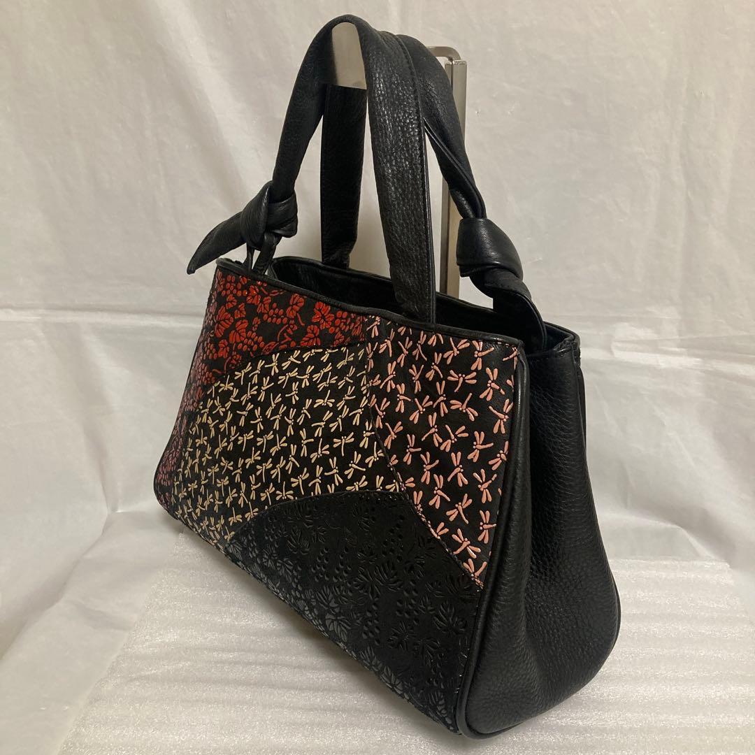 希少 印傳屋 ハンドバッグ JRA認定 鹿革 パッチワーク繋ぎ葡萄トンボ柄