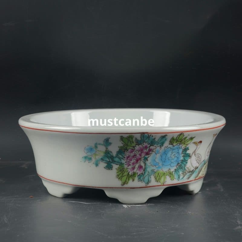 景徳鎮 磁器 手描きパステル彩鶴花鳥水仙鉢 大盆栽 小盆栽 工芸