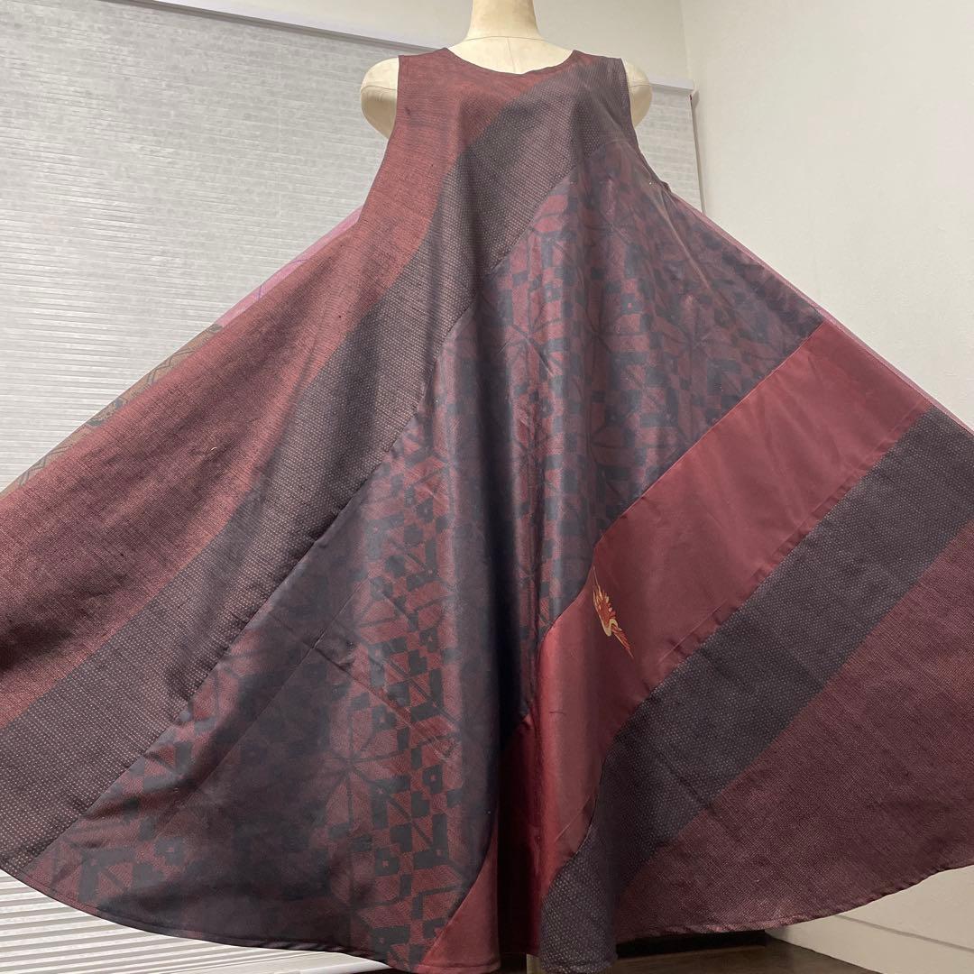 着物ワンピーステントラインマキシ丈《11》大島紬や紬等(7マルキ含)M〜L