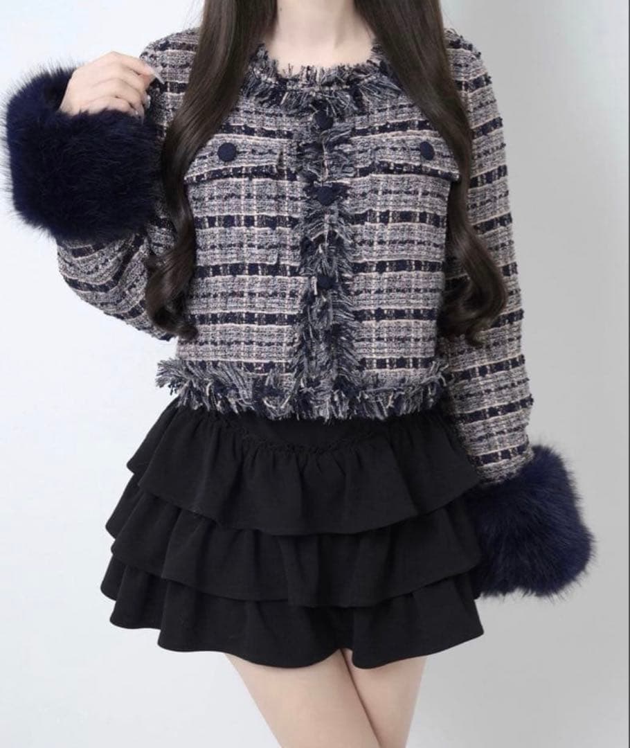 Lumignon Navy pink tweed fur jacket - メルカリ