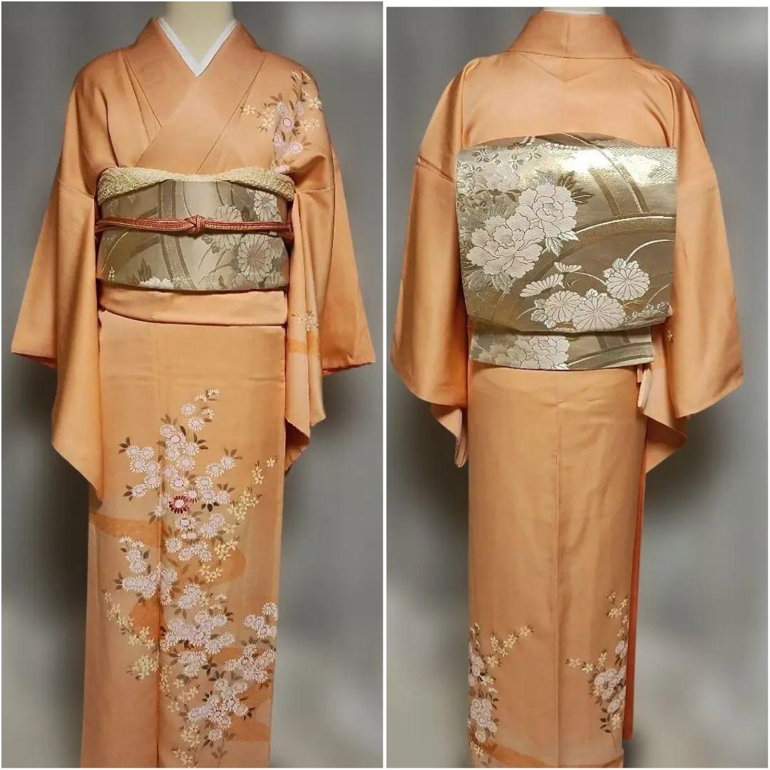 淡いクリームサーモンピンク 小菊付け下げ 訪問着フルセット 襦袢付き