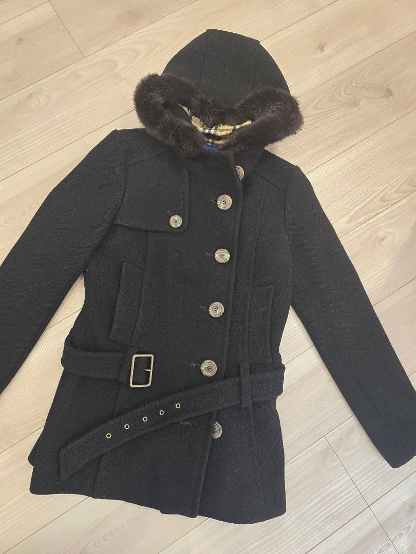 バーバリーブルーレーベル M フード付き黒ウールピーコート