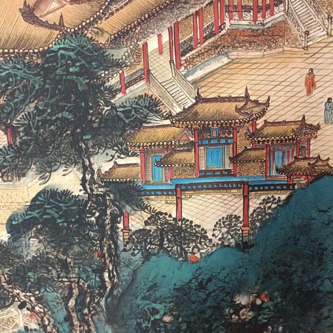 中国画 掛け軸 仇英《仙山楼閣》三尺中堂 掛け軸 装裱済み／題箋付き