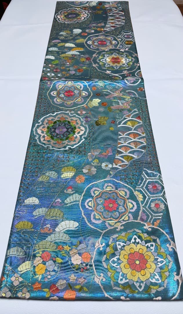 高級 袋帯 汕頭刺繍 蘇州刺繍 六通柄 正絹 濃青色 中国刺繍 約100